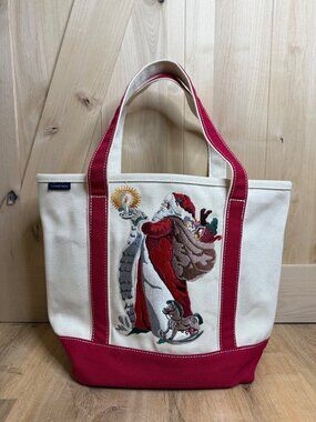 Lands’ End Canvas Holiday Santa Tote Bag Santa Embroidered Red Trim 16x13 EUC Po